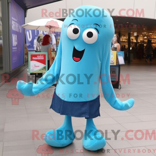 Costume De Mascotte Redbrokoly De Calmar Bleu Ciel Habillé Avec Un Jean Skinny Et Des Pochettes