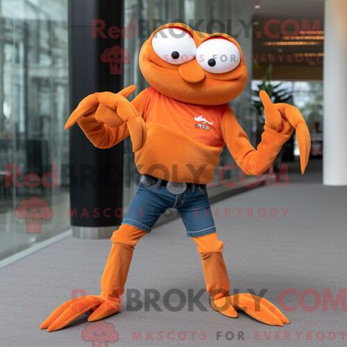 Costume De Mascotte Redbrokoly De Crabe Orange Habillé D Un Jean Skinny Et De Montres-Bracelets