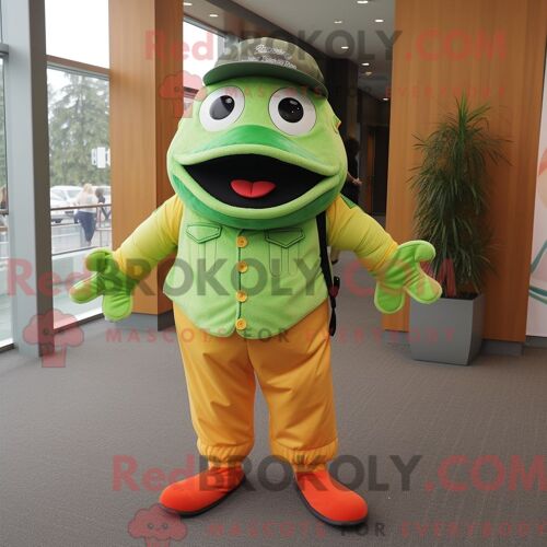 Costume De Mascotte Redbrokoly De Saumon Vert Citron Habillé D Un Pantalon Et De Ceintures En Velours Côtelé