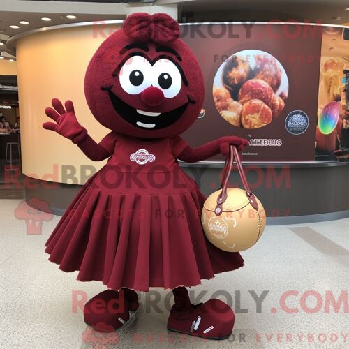 Costume De Mascotte Redbrokoly De Boulettes De Viande Marron Habillé D Une Jupe Circulaire Et De Sacs À Main