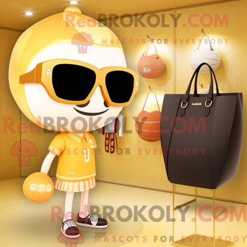 Personnage Mascotte Redbrokoly D Abricot Doré Habillé D Un Maillot De Bain Une Pièce Et De Sacs À Main