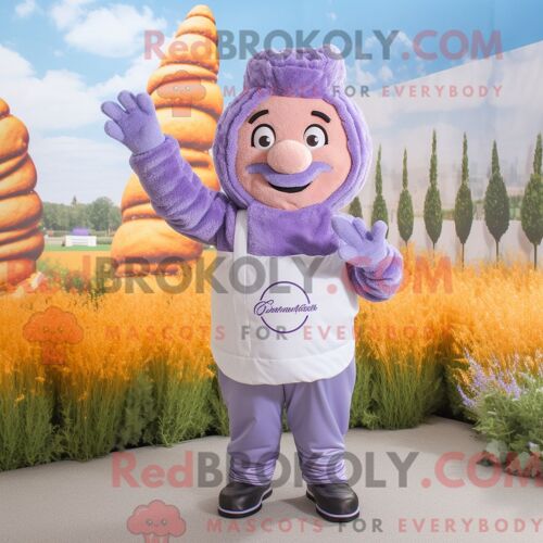 Costume Mascotte Redbrokoly De Croissant À La Lavande Personnage Habillé Avec Une Salopette Et Des Gants
