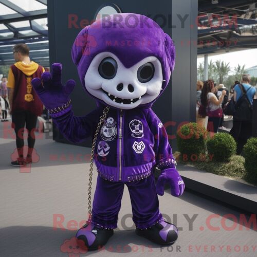 Costume Mascotte Redbrokoly De Crâne Violet Habillé D Une Combinaison Et De Porte-Clés