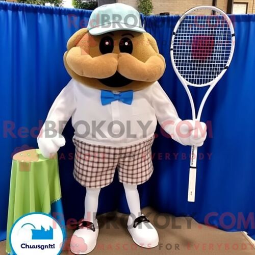 Personnage De Costume De Mascotte Redbrokoly De Raquette De Tennis Beige Habillé D Une Chemise En Chambray Et De Noeuds Papillons
