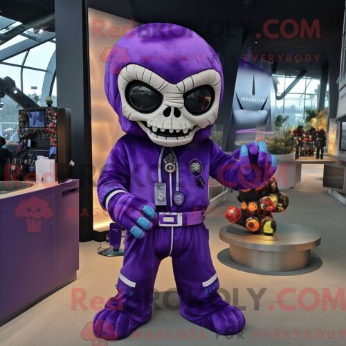Costume Mascotte Redbrokoly De Crâne Violet Habillé D Une Combinaison Et De Porte-Clés