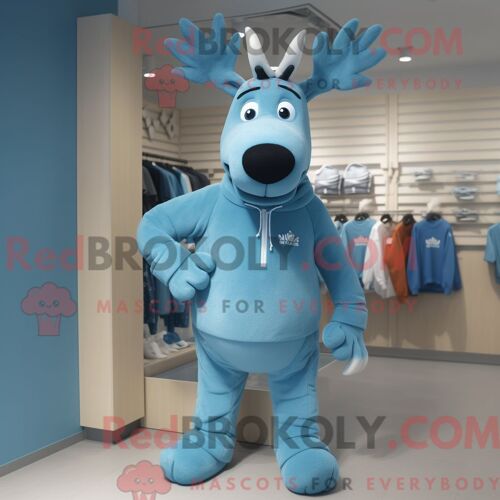 Costume Mascotte Redbrokoly D Élan Bleu Ciel Habillé D Un Pantalon De Jogging Et D Épingles À Cravate