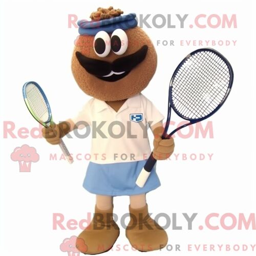 Personnage De Costume De Mascotte Redbrokoly De Raquette De Tennis Beige Habillé D Une Chemise En Chambray Et De Noeuds Papillons