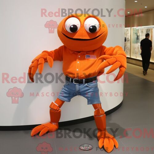 Costume De Mascotte Redbrokoly De Crabe Orange Habillé D Un Jean Skinny Et De Montres-Bracelets
