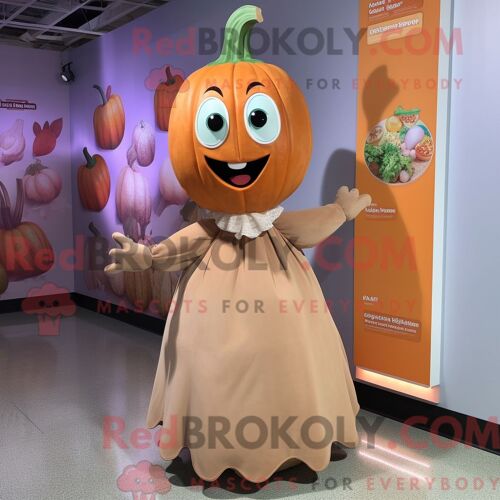 Costume De Mascotte Redbrokoly De Citrouille Beige Habillé D Une Robe Longue Et D Épinglettes