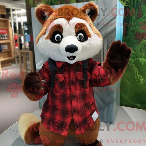 Costume De Mascotte Redbrokoly De Panda Roux Marron Habillé D Une Chemise En Flanelle Et De Ceintures De Smoking
