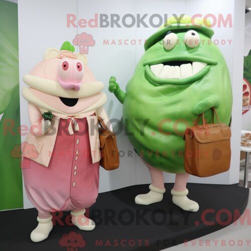 Personnage De Costume De Mascotte Redbrokoly De Corned-Beef Et De Chou À La Pêche Habillé D Un Manteau Et De Sacs À Main