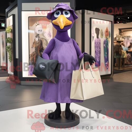 Personnage De Costume De Mascotte Redbrokoly Purple Crow Habillé D Une Robe Droite Et De Sacs Fourre-Tout