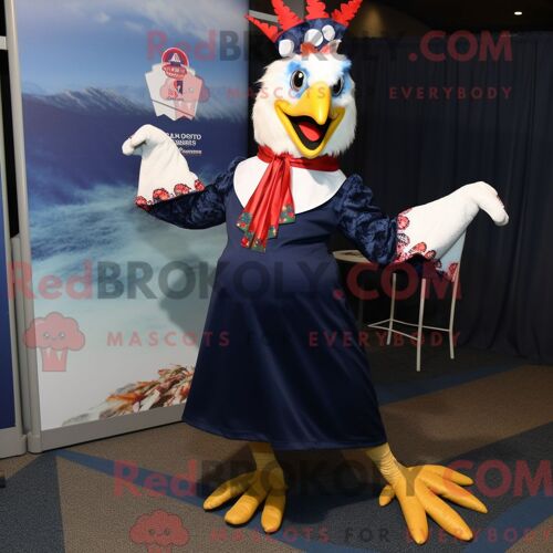 Costume Mascotte Redbrokoly De Coq Bleu Marine Habillé D Une Robe Portefeuille Et D Écharpes