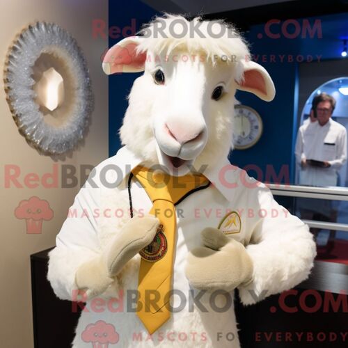 Costume Mascotte Redbrokoly De Chèvre Angora Crème Personnage Habillé Avec Une Veste De Costume Et Des Bracelets