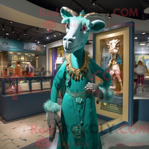 Costume De Mascotte Redbrokoly De Chèvre Bleu Sarcelle Habillé D Une Robe Droite Et De Porte-Clés