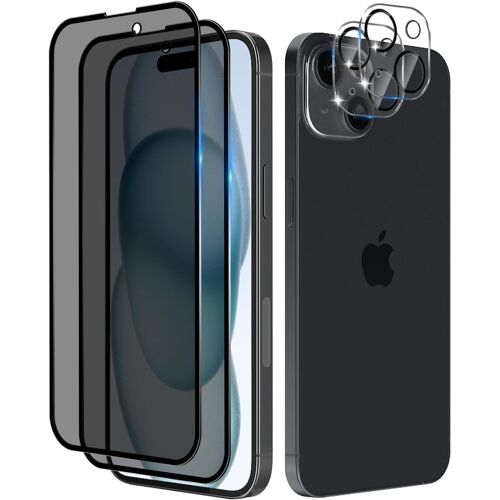 Verre Trempé Anti-Espion Pour Iphone 15 Plus, 2+2 Pièces Privacy Protection Écran + Caméra Arrière Protecteur 9h Dureté, Anti Rayures, Anti-Spy Film Pour Iphone 15 Plus