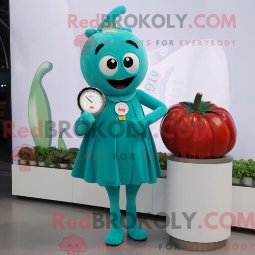 Costume De Mascotte Redbrokoly De Tomate Bleu Sarcelle Habillé D Une Robe Droite Et De Montres Numériques