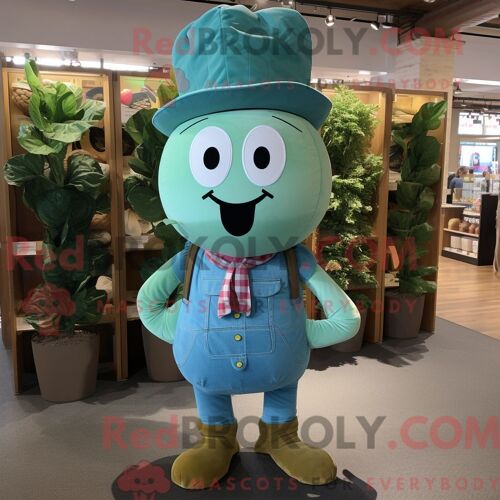 Personnage De Costume De Mascotte Redbrokoly De Radis Bleu Sarcelle Habillé Avec Un Jean Bootcut Et Des Ceintures De Smoking