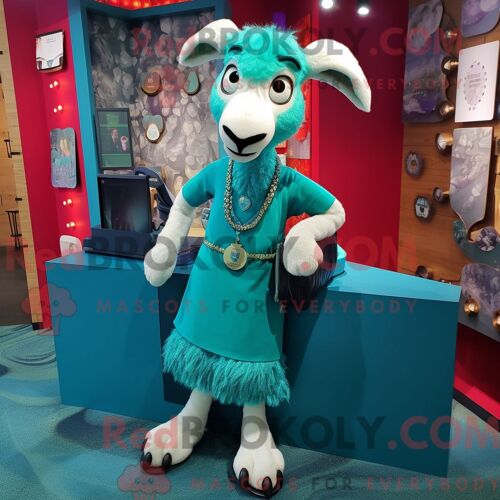 Costume De Mascotte Redbrokoly De Chèvre Bleu Sarcelle Habillé D Une Robe Droite Et De Porte-Clés