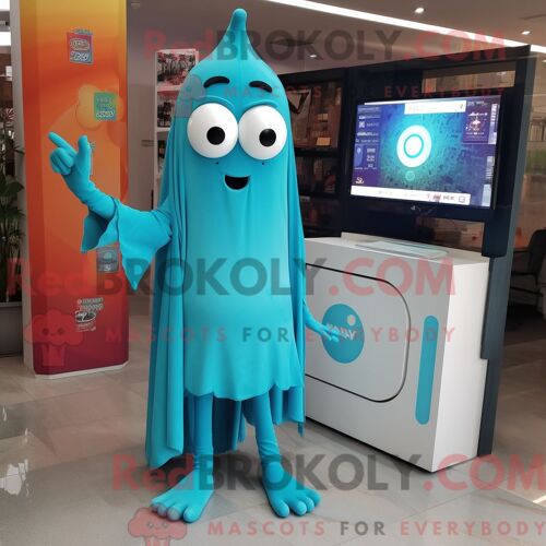 Costume De Mascotte Redbrokoly De Télévision Turquoise Habillé D Une Robe Longue Et De Montres Numériques
