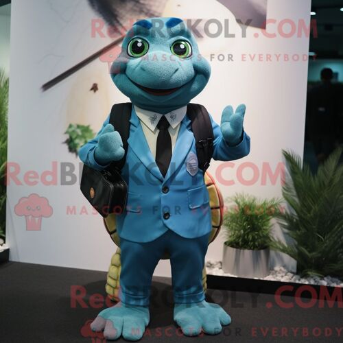 Costume De Mascotte Redbrokoly De Tortue Cyan Personnage Habillé D Un Blazer Et De Sacs À Dos