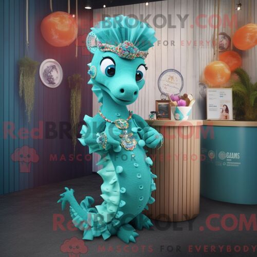 Costume De Mascotte Redbrokoly D Hippocampe Bleu Sarcelle Habillé D Une Robe Trapèze Et De Colliers