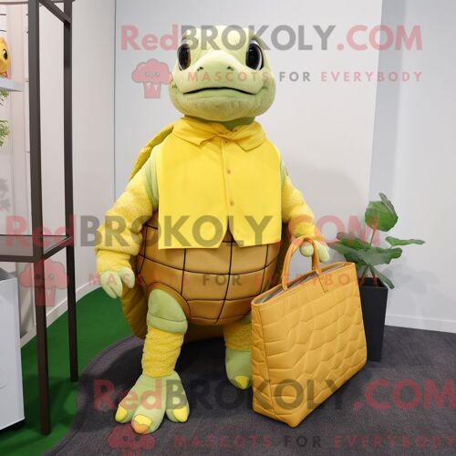 Costume De Mascotte Redbrokoly De Tortue Jaune Citron Habillé D Un Cardigan Et De Sacs Fourre-Tout