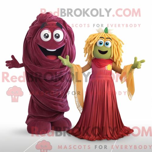 Personnage De Costume De Mascotte Redbrokoly De Pâtes Au Pesto Marron Habillé Avec Une Robe De Bal Et Des Foulards