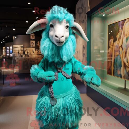 Costume De Mascotte Redbrokoly De Chèvre Angora Turquoise Personnage Habillé Avec Une Robe Taille Empire Et Des Bonnets