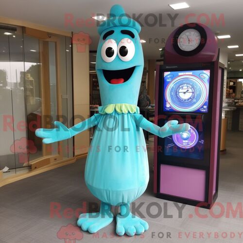 Costume De Mascotte Redbrokoly De Télévision Turquoise Habillé D Une Robe Longue Et De Montres Numériques