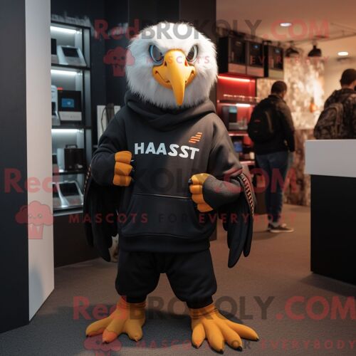 Costume Mascotte Redbrokoly D Aigle De Haast Noir Personnage Habillé Avec Un Sweat-Shirt Et Des Pinces À Chaussures