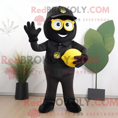 Personnage Mascotte Redbrokoly De Citron Noir Habillé Avec Un Polo Et Des Gants