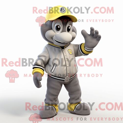 Personnage Mascotte Redbrokoly De Bae Grise Habillé Avec Un Blouson Aviateur Et Des Gants