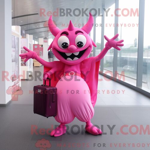 Personnage De Costume De Mascotte Redbrokoly De Diable Rose Habillé Avec Une Jupe Longue Et Des Porte-Documents