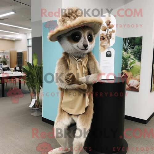 Costume De Mascotte Redbrokoly De Lémurien Beige Habillé D Une Robe Taille Empire Et D Épingles À Chapeau