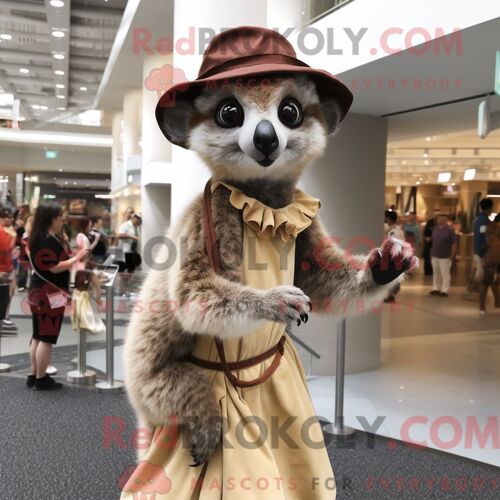 Costume De Mascotte Redbrokoly De Lémurien Beige Habillé D Une Robe Taille Empire Et D Épingles À Chapeau