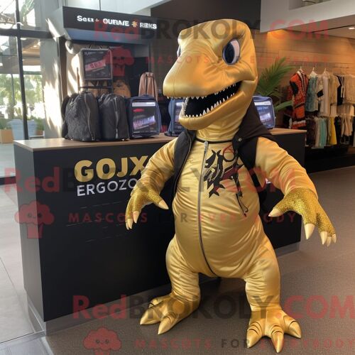 Personnage De Costume De Mascotte Redbrokoly D Allosaure Doré Habillé D Un Sweat À Capuche Et De Sacs Fourre-Tout