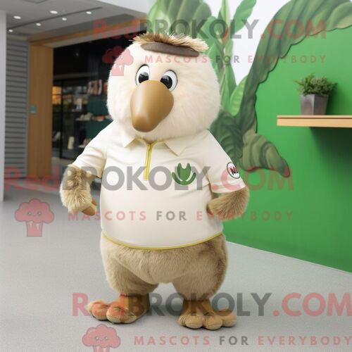 Costume Mascotte Redbrokoly De Kiwi Crème Personnage Habillé Avec Un Polo Et Des Mitaines
