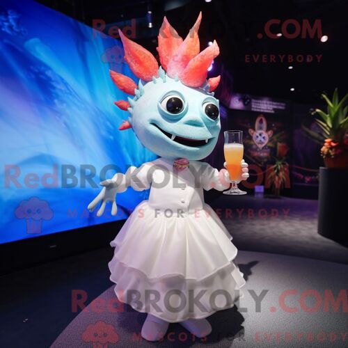 Mascotte Redbrokoly De Ceviche Blanc Costume De Personnage Habillé Avec Une Robe De Cocktail Et Des Bandeaux