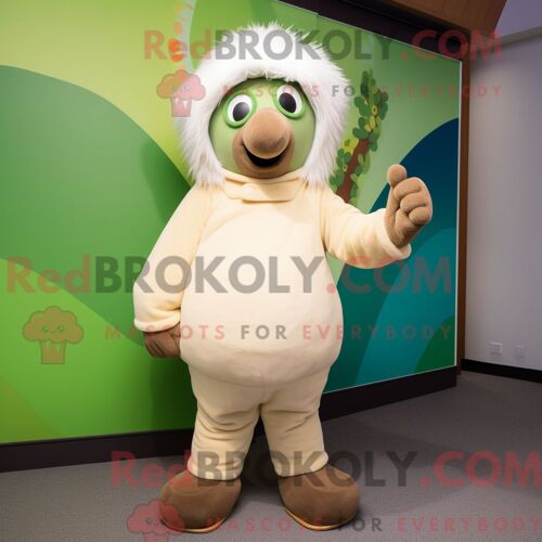 Costume Mascotte Redbrokoly De Kiwi Crème Personnage Habillé Avec Un Polo Et Des Mitaines