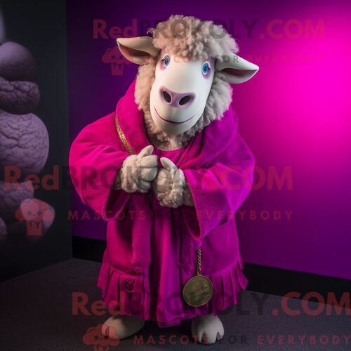 Costume De Mascotte Redbrokoly De Mouton Suffolk Magenta Personnage Habillé Avec Un Manteau Et Des Bracelets