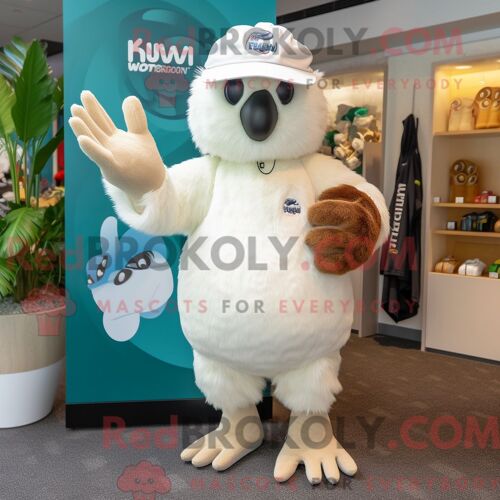 Costume Mascotte Redbrokoly De Kiwi Crème Personnage Habillé Avec Un Polo Et Des Mitaines