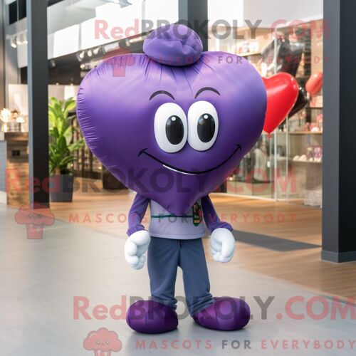 Costume De Mascotte Redbrokoly De Ballons En Forme De Coeur Violet Personnage Habillé Avec Un Jean Et Des Bonnets