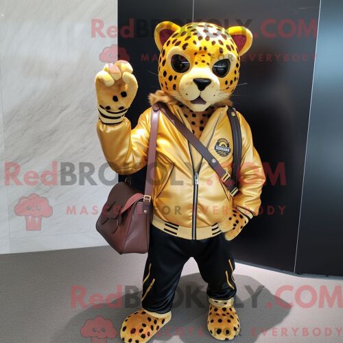Personnage De Costume De Mascotte Redbrokoly De Léopard Doré Habillé D Une Veste En Cuir Et De Sacs Fourre-Tout