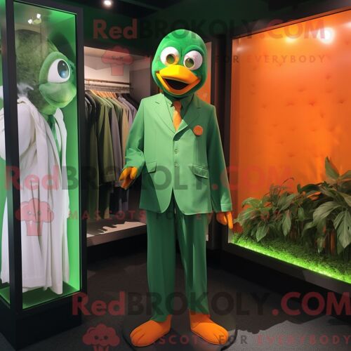 Costume Mascotte Redbrokoly De Mandarin Vert Forêt Personnage Habillé Avec Une Combinaison Et Des Boutons De Manchette