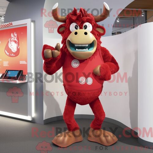 Costume De Mascotte Redbrokoly De Minotaure Rouge Habillé D Un Jean Skinny Et D Un Porte-Monnaie