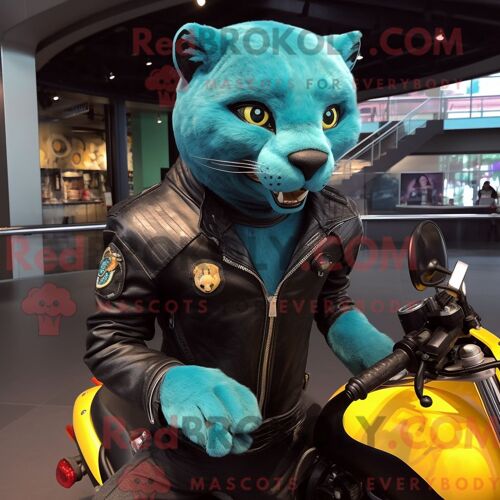 Costume De Mascotte Redbrokoly De Jaguarundi Turquoise Habillé D Une Veste De Moto Et De Boucles D Oreilles