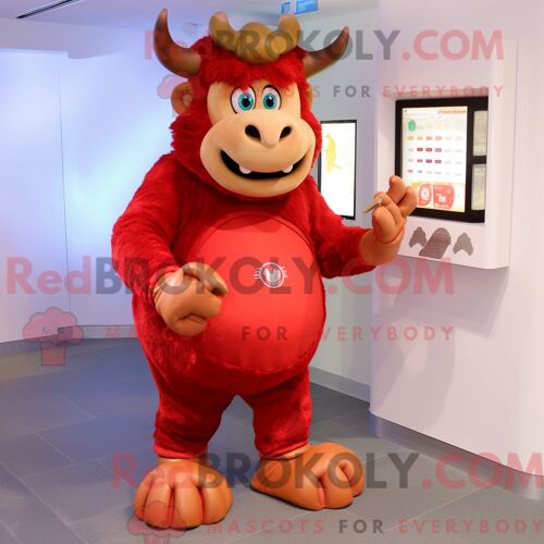 Costume De Mascotte Redbrokoly De Minotaure Rouge Habillé D Un Jean Skinny Et D Un Porte-Monnaie