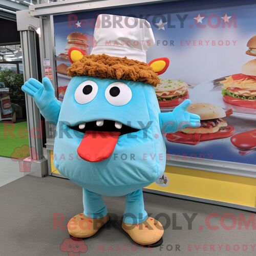 Costume De Mascotte Redbrokoly De Sandwich Au Porc Effiloché Bleu Ciel Habillé Avec Un Short Et Des Boucles D Oreilles