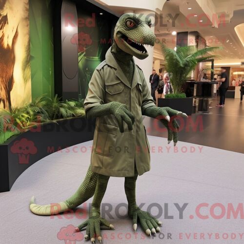 Costume Mascotte Redbrokoly De Velociraptor Olive Habillé D Un Manteau Et De Lacets De Chaussures